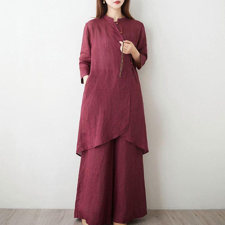 Conjunto informal de 2 piezas con Buddha Stones , camisa, top y falda con bolsillos, manga tres cuartos, cuello inclinado, meditación, zen, tai chi, para mujer