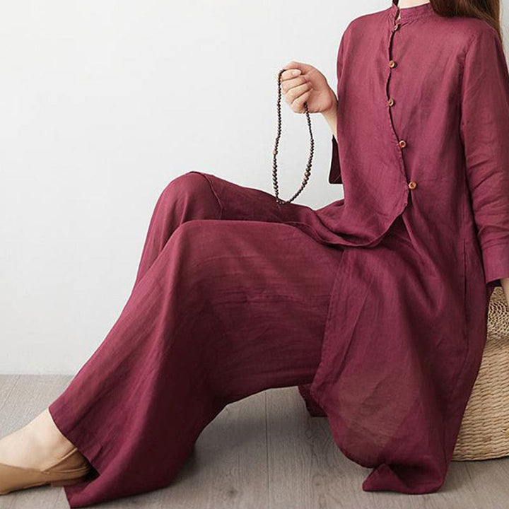 Conjunto informal de 2 piezas con Buddha Stones , camisa, top y falda con bolsillos, manga tres cuartos, cuello inclinado, meditación, zen, tai chi, para mujer