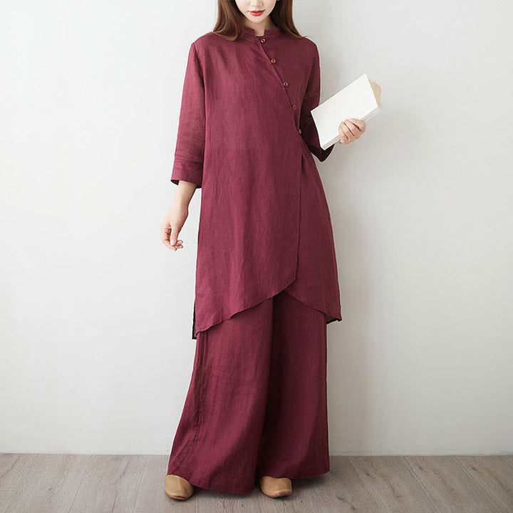 Conjunto informal de 2 piezas con Buddha Stones , camisa, top y falda con bolsillos, manga tres cuartos, cuello inclinado, meditación, zen, tai chi, para mujer