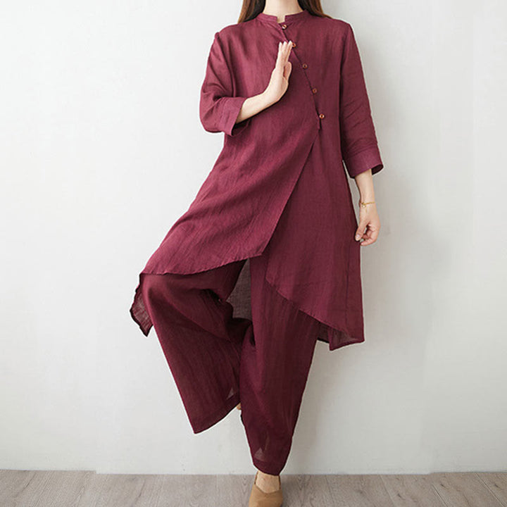 Conjunto informal de 2 piezas con Buddha Stones , camisa, top y falda con bolsillos, manga tres cuartos, cuello inclinado, meditación, zen, tai chi, para mujer