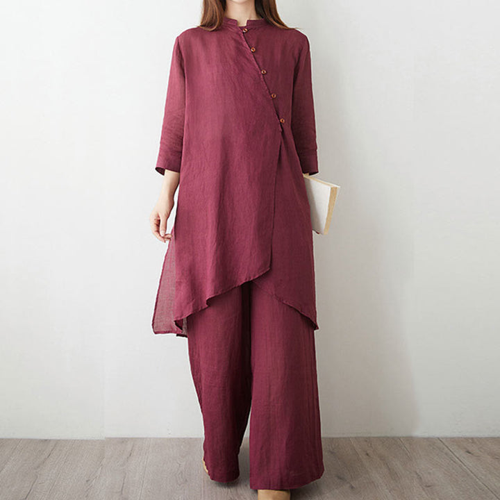 Conjunto informal de 2 piezas con Buddha Stones , camisa, top y falda con bolsillos, manga tres cuartos, cuello inclinado, meditación, zen, tai chi, para mujer