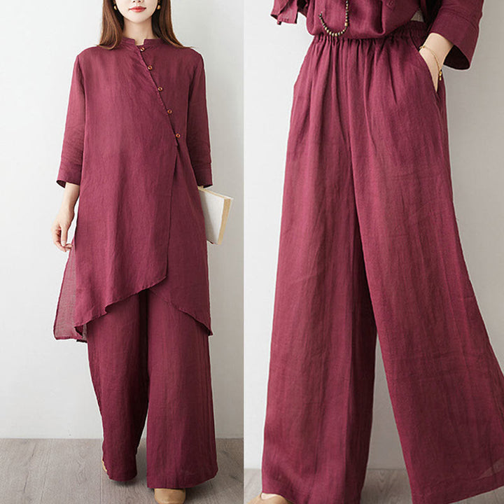 Conjunto informal de 2 piezas con Buddha Stones , camisa, top y falda con bolsillos, manga tres cuartos, cuello inclinado, meditación, zen, tai chi, para mujer