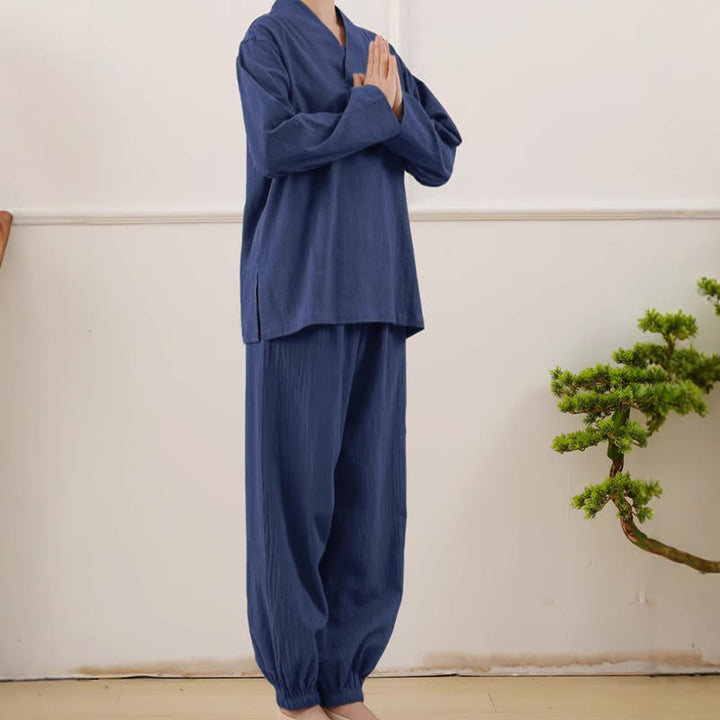 Conjunto informal de 2 piezas con estampado de Buddha Stones, camisa y falda con bolsillos, manga larga, diseño arrugado, para meditación, zen y tai chi, para mujer