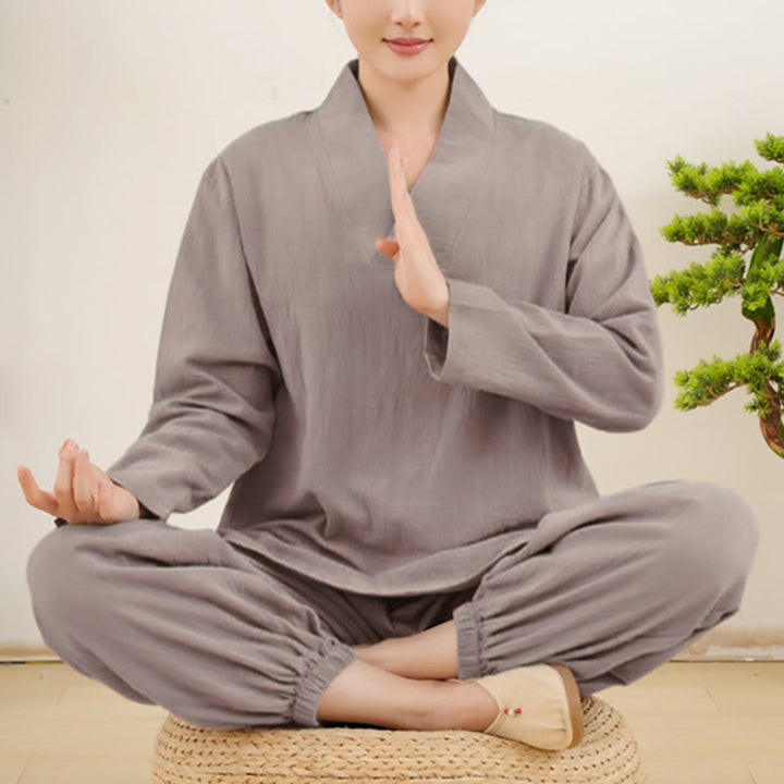 Conjunto informal de 2 piezas con estampado de Buddha Stones, camisa y falda con bolsillos, manga larga, diseño arrugado, para meditación, zen y tai chi, para mujer