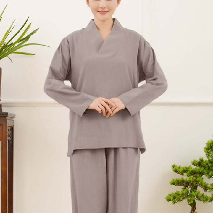 Conjunto informal de 2 piezas con estampado de Buddha Stones, camisa y falda con bolsillos, manga larga, diseño arrugado, para meditación, zen y tai chi, para mujer