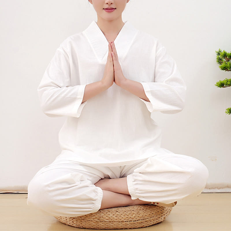 Conjunto informal de 2 piezas con estampado de Buddha Stones, camisa y falda con bolsillos, manga larga, diseño arrugado, para meditación, zen y tai chi, para mujer - Blanco - US14，UK/AU18，EU46 (2XL) - image 6