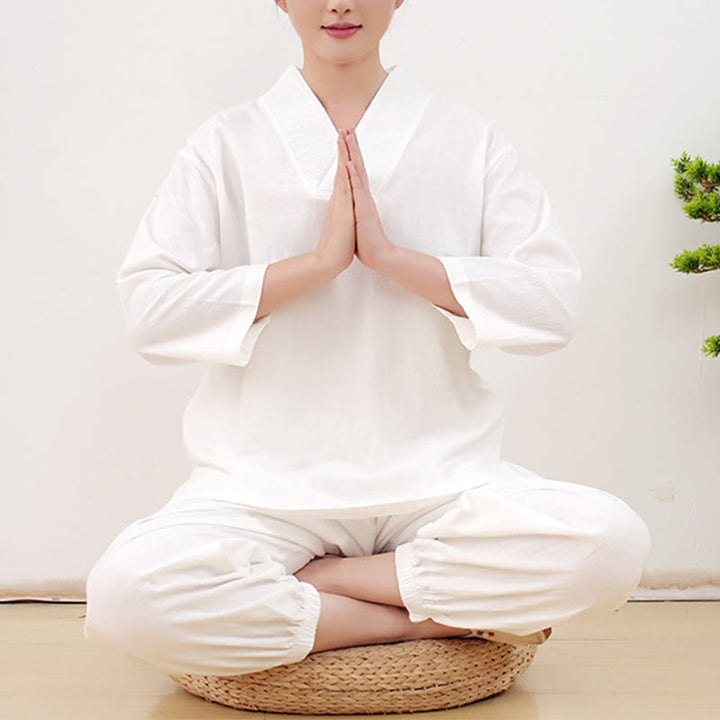 Conjunto informal de 2 piezas con estampado de Buddha Stones, camisa y falda con bolsillos, manga larga, diseño arrugado, para meditación, zen y tai chi, para mujer - Blanco - US14，UK/AU18，EU46 (2XL) - image 6