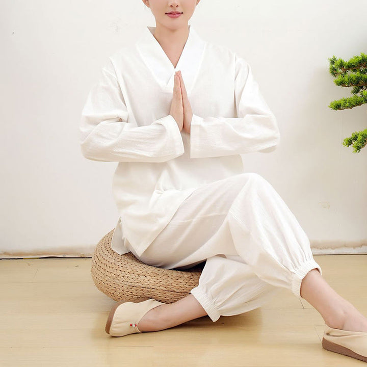 Conjunto informal de 2 piezas con estampado de Buddha Stones, camisa y falda con bolsillos, manga larga, diseño arrugado, para meditación, zen y tai chi, para mujer
