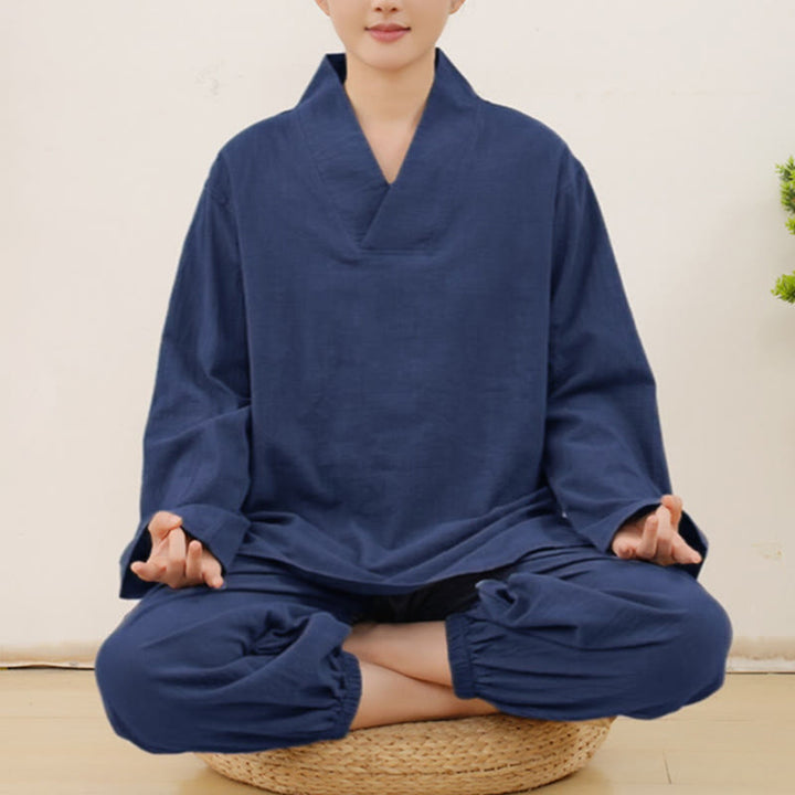 Conjunto informal de 2 piezas con estampado de Buddha Stones, camisa y falda con bolsillos, manga larga, diseño arrugado, para meditación, zen y tai chi, para mujer