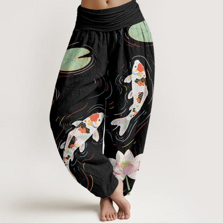 Pantalones bombachos de cintura elástica para mujer con estampado de piedras de Buddha Stones de loto, hojas de loto, peces koi y ondas en el agua. - Negro - US22，UK/AU26，EU54 (6XL) - image 0