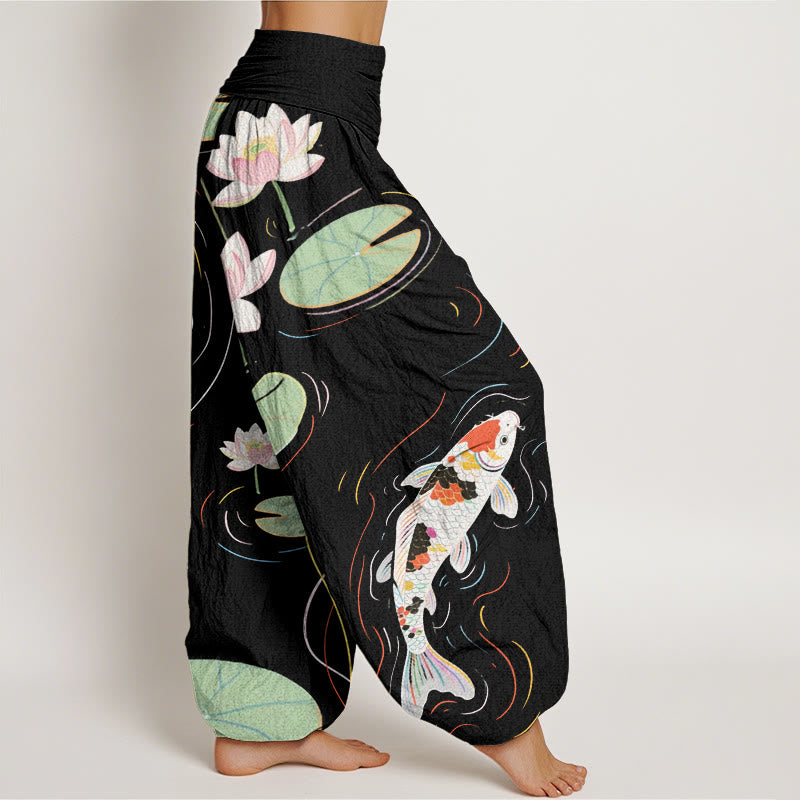 Pantalones bombachos de cintura elástica para mujer con estampado de piedras de Buddha Stones de loto, hojas de loto, peces koi y ondas en el agua. - image 2