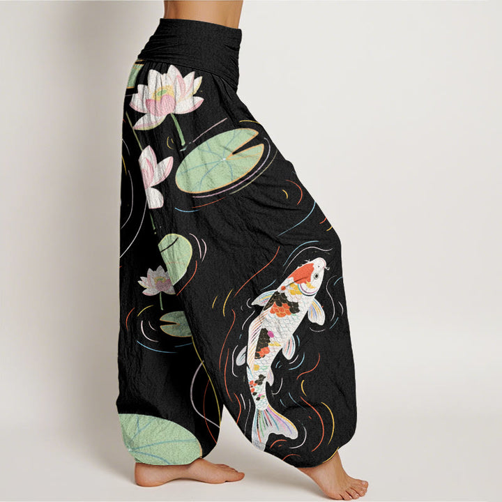 Pantalones bombachos de cintura elástica para mujer con estampado de piedras de Buddha Stones de loto, hojas de loto, peces koi y ondas en el agua. - image 2
