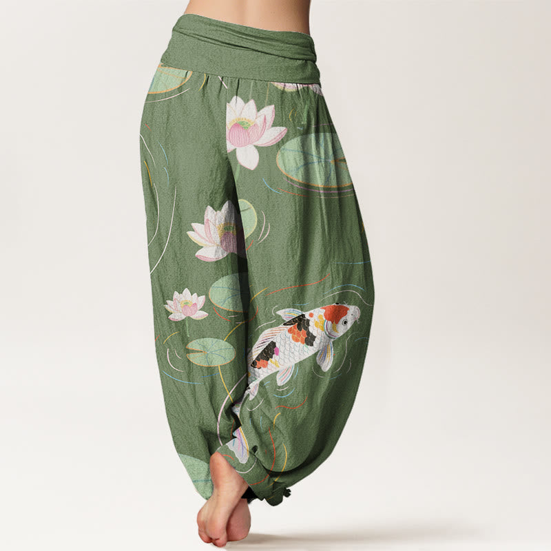 Pantalones bombachos de cintura elástica para mujer con estampado de piedras de Buddha Stones de loto, hojas de loto, peces koi y ondas en el agua. - image 5