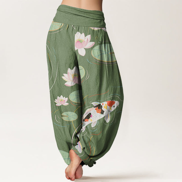 Pantalones bombachos de cintura elástica para mujer con estampado de piedras de Buddha Stones de loto, hojas de loto, peces koi y ondas en el agua. - image 5