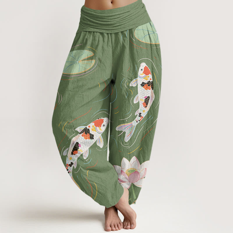Pantalones bombachos de cintura elástica para mujer con estampado de piedras de Buddha Stones de loto, hojas de loto, peces koi y ondas en el agua. - Verde mar medio - US22，UK/AU26，EU54 (6XL) - image 4