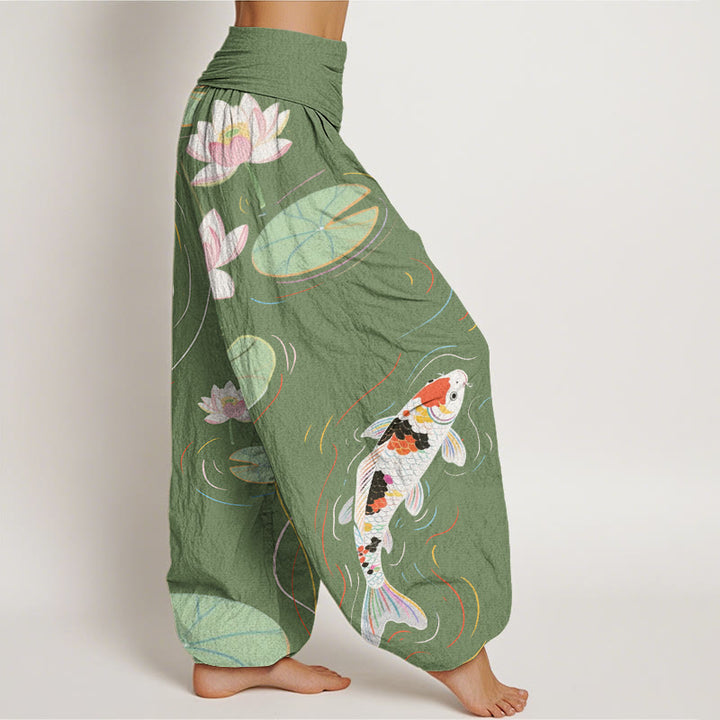 Pantalones bombachos de cintura elástica para mujer con estampado de piedras de Buddha Stones de loto, hojas de loto, peces koi y ondas en el agua. - image 6