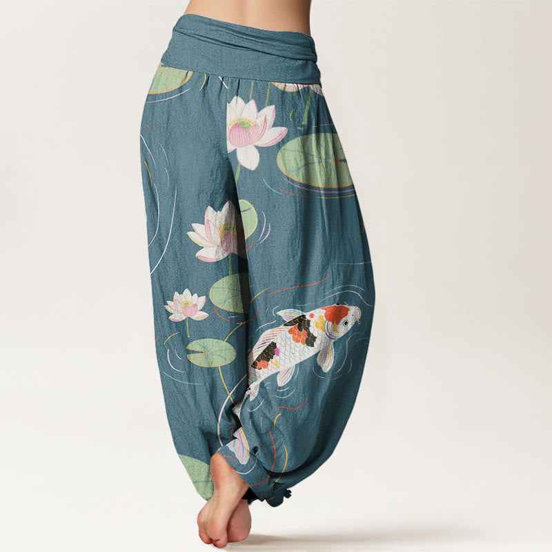 Pantalones bombachos de cintura elástica para mujer con estampado de piedras de Buddha Stones de loto, hojas de loto, peces koi y ondas en el agua. - image 8