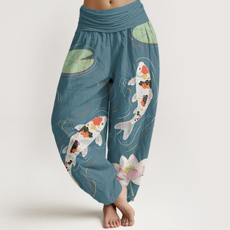 Pantalones bombachos de cintura elástica para mujer con estampado de piedras de Buddha Stones de loto, hojas de loto, peces koi y ondas en el agua. - Verde mar claro - US22，UK/AU26，EU54 (6XL) - image 7