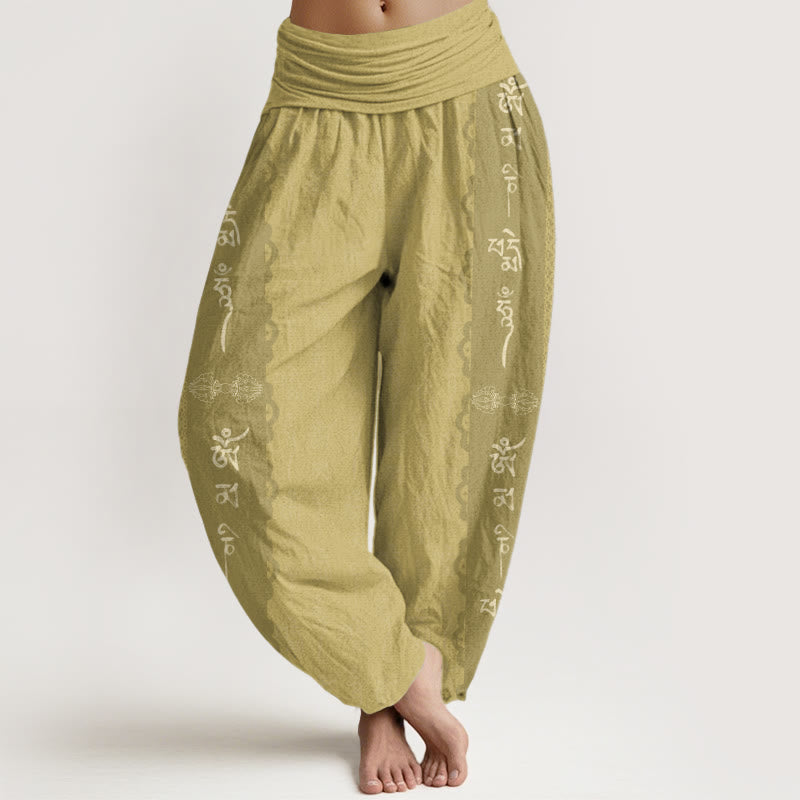Pantalones bombachos de cintura elástica para mujer con estampado de piedras de Buddha Stones, algodón, Om Mani Padme Hum - Caqui - US22，UK/AU26，EU54 (6XL) - image 7