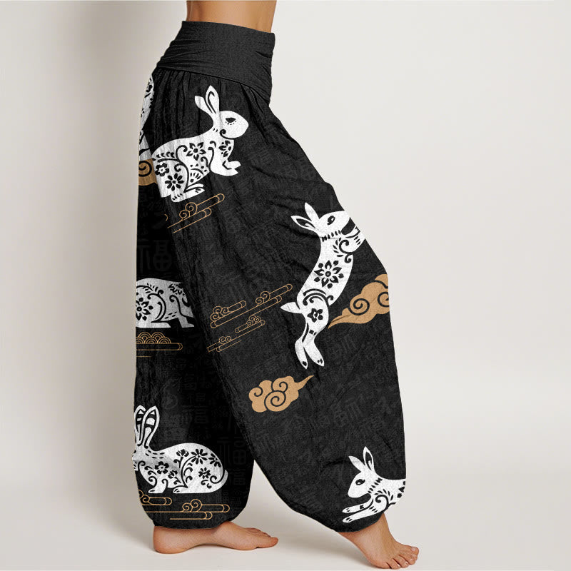 Pantalones bombachos de cintura elástica para mujer con estampado de conejo blanco, Buddha Stones en algodón. - image 2
