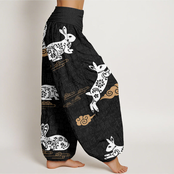 Pantalones bombachos de cintura elástica para mujer con estampado de conejo blanco, Buddha Stones en algodón. - image 2