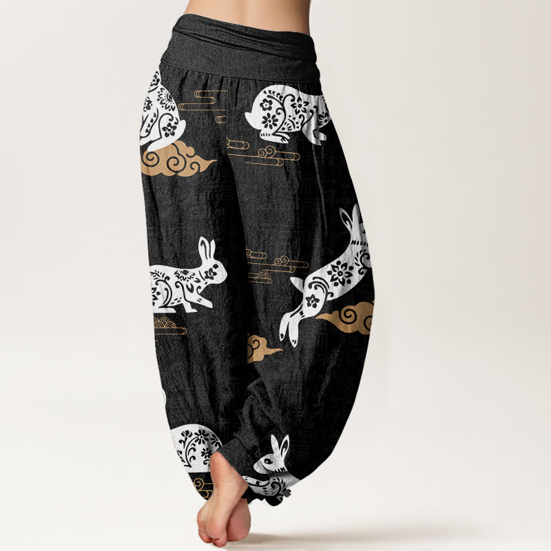 Pantalones bombachos de cintura elástica para mujer con estampado de conejo blanco, Buddha Stones en algodón. - image 1