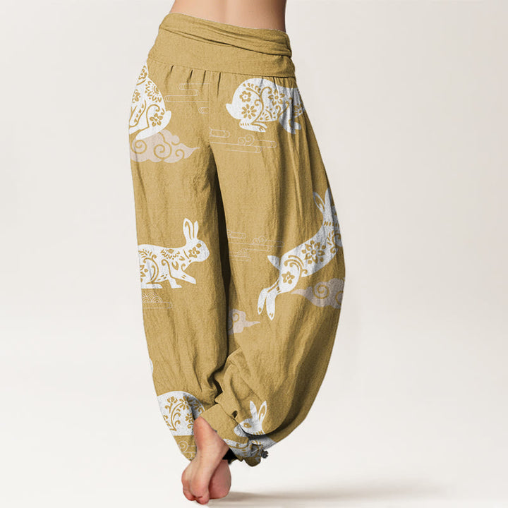 Pantalones bombachos de cintura elástica para mujer con estampado de conejo blanco, Buddha Stones en algodón. - image 5