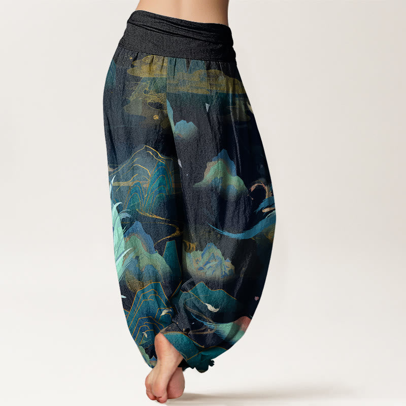 Pantalones bombachos de cintura elástica para mujer con estampado de nubes y montañas de algodón con Buddha Stones y fénix - image 1