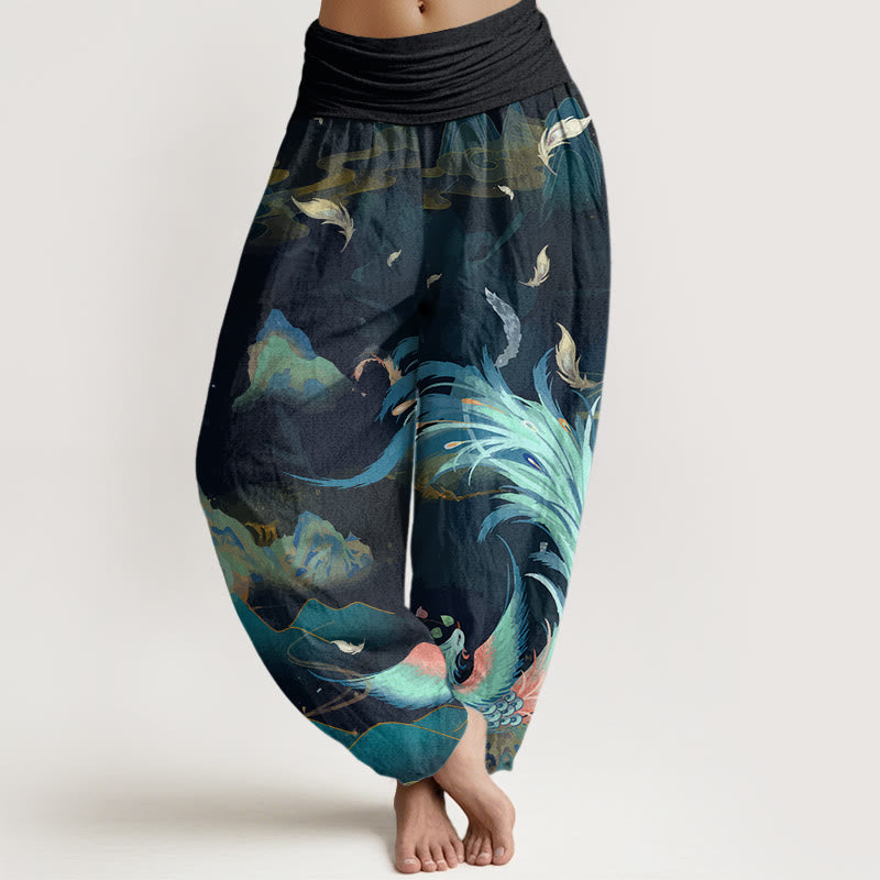 Pantalones bombachos de cintura elástica para mujer con estampado de nubes y montañas de algodón con Buddha Stones y fénix - cian oscuro - US22，UK/AU26，EU54 (6XL) - image 0