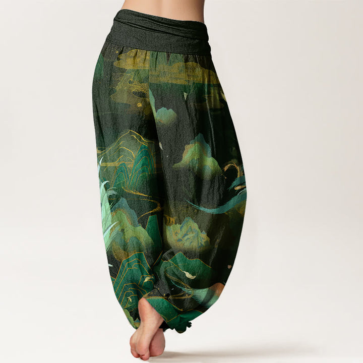 Pantalones bombachos de cintura elástica para mujer con estampado de nubes y montañas de algodón con Buddha Stones y fénix - image 5