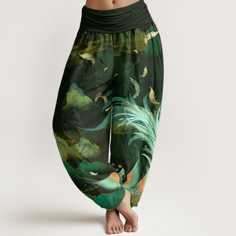 Pantalones bombachos de cintura elástica para mujer con estampado de nubes y montañas de algodón con Buddha Stones y fénix - Verde oliva - US22，UK/AU26，EU54 (6XL) - image 4