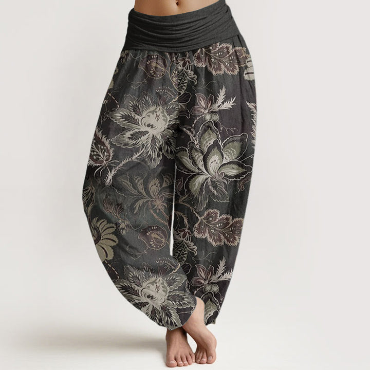 Pantalones harén de algodón puro con estampado floral y hojas de Buddha Stones para mujer, cintura elástica - Negro - US22，UK/AU26，EU54 (6XL) - image 0