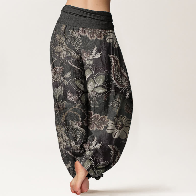 Pantalones harén de algodón puro con estampado floral y hojas de Buddha Stones para mujer, cintura elástica - image 1