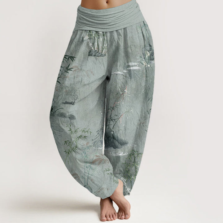 Pantalones harén de algodón puro con estampado de Buddha Stones , informales, de bambú y tinta de roca, con cintura elástica para mujer - Verde mar oscuro - US22，UK/AU26，EU54 (6XL) - image 9