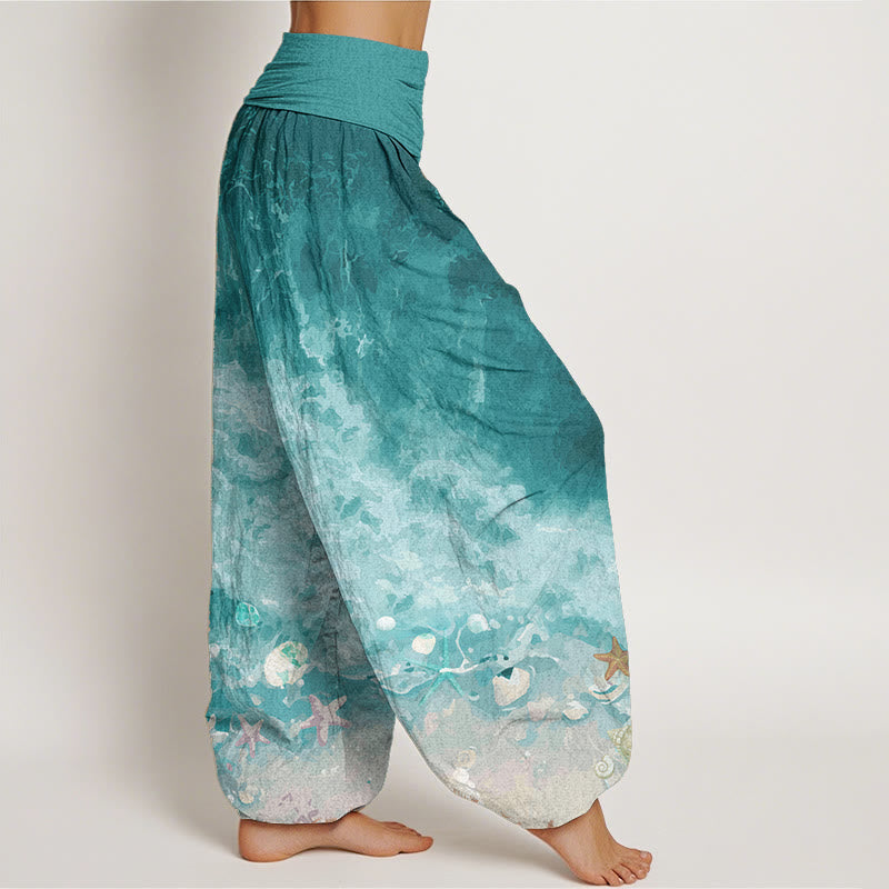 Pantalones harén de algodón puro con estampado de vasto océano y Buddha Stones para mujer, con cintura elástica - image 2