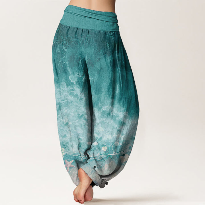 Pantalones harén de algodón puro con estampado de vasto océano y Buddha Stones para mujer, con cintura elástica - image 1