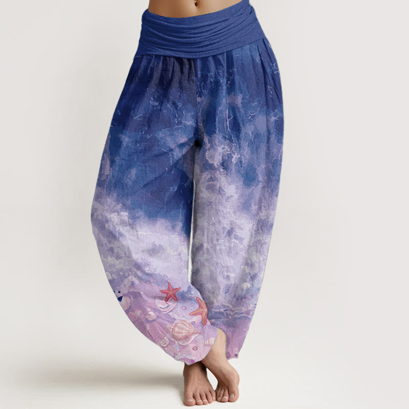 Pantalones harén de algodón puro con estampado de vasto océano y Buddha Stones para mujer, con cintura elástica - Violeta oscuro - US22，UK/AU26，EU54 (6XL) - image 9