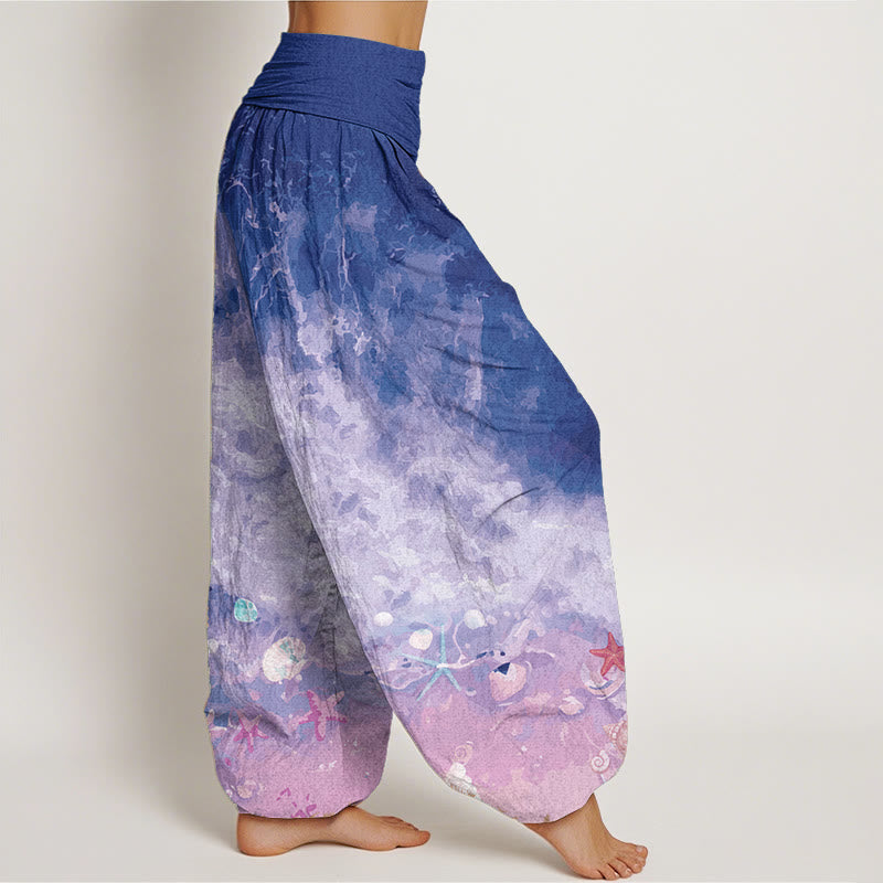 Pantalones harén de algodón puro con estampado de vasto océano y Buddha Stones para mujer, con cintura elástica - image 11