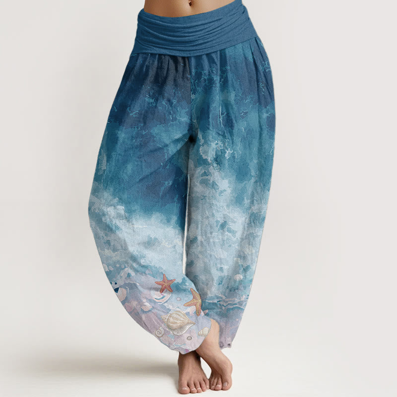 Pantalones harén de algodón puro con estampado de vasto océano y Buddha Stones para mujer, con cintura elástica - Azul acero - US22，UK/AU26，EU54 (6XL) - image 6
