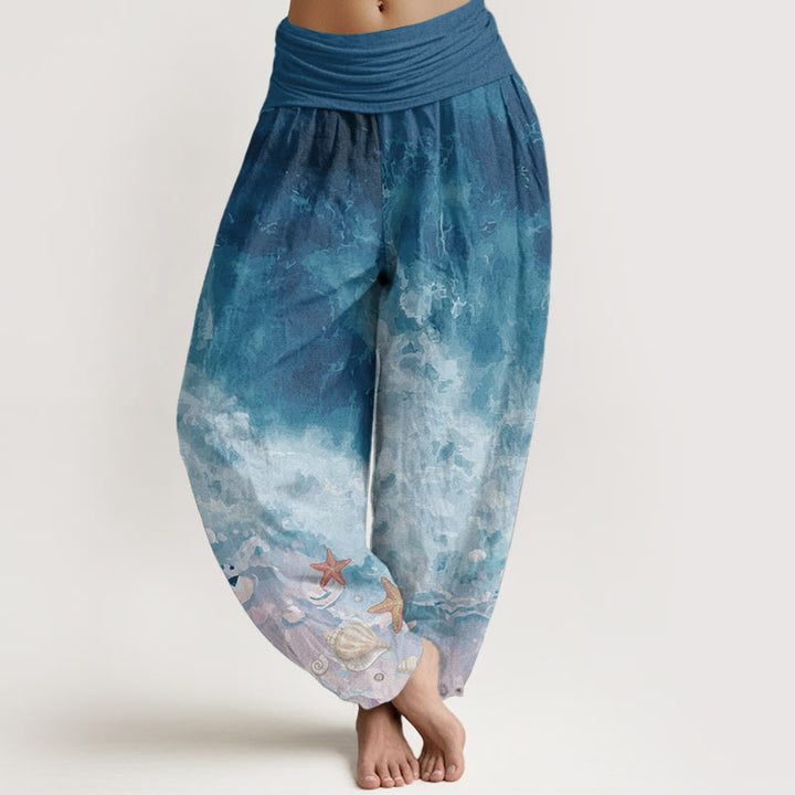 Pantalones harén de algodón puro con estampado de vasto océano y Buddha Stones para mujer, con cintura elástica - Azul acero - US22，UK/AU26，EU54 (6XL) - image 6