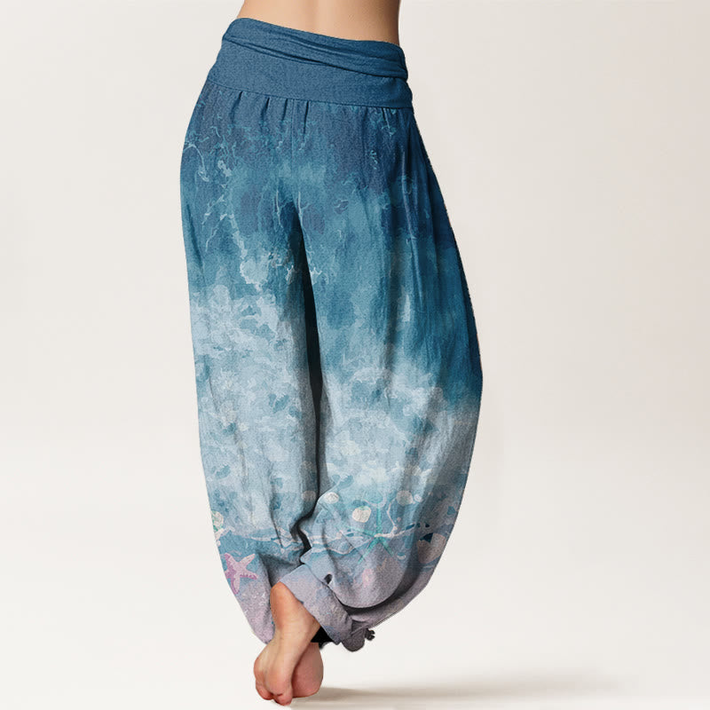 Pantalones harén de algodón puro con estampado de vasto océano y Buddha Stones para mujer, con cintura elástica - image 7