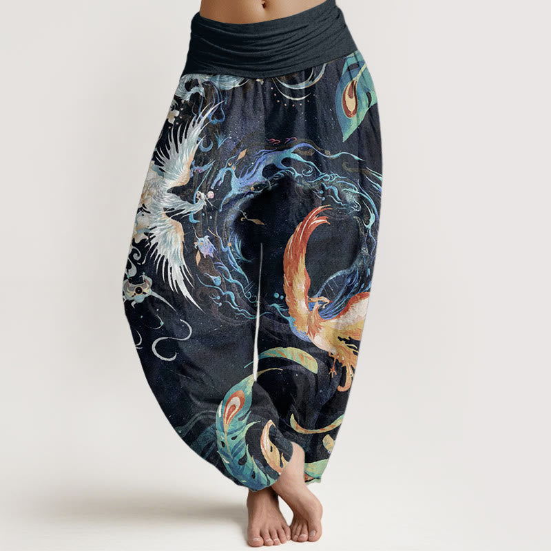 Pantalones Buddha Stones de algodón puro con estampado de flores de fénix y cintura elástica para mujer - Negro - US22，UK/AU26，EU54 (6XL) - image 0