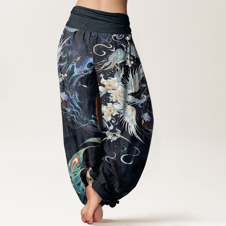 Pantalones Buddha Stones de algodón puro con estampado de flores de fénix y cintura elástica para mujer - image 1