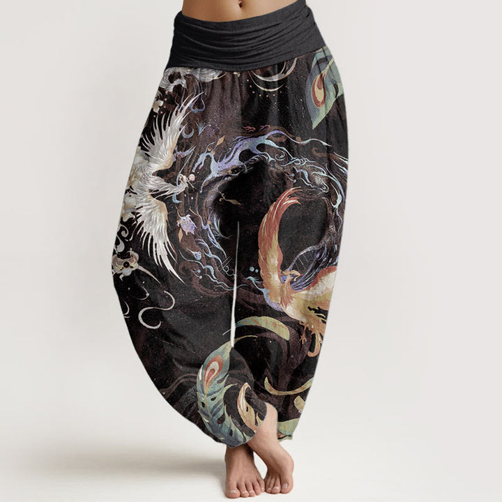 Pantalones Buddha Stones de algodón puro con estampado de flores de fénix y cintura elástica para mujer - Marrón - US22，UK/AU26，EU54 (6XL) - image 8