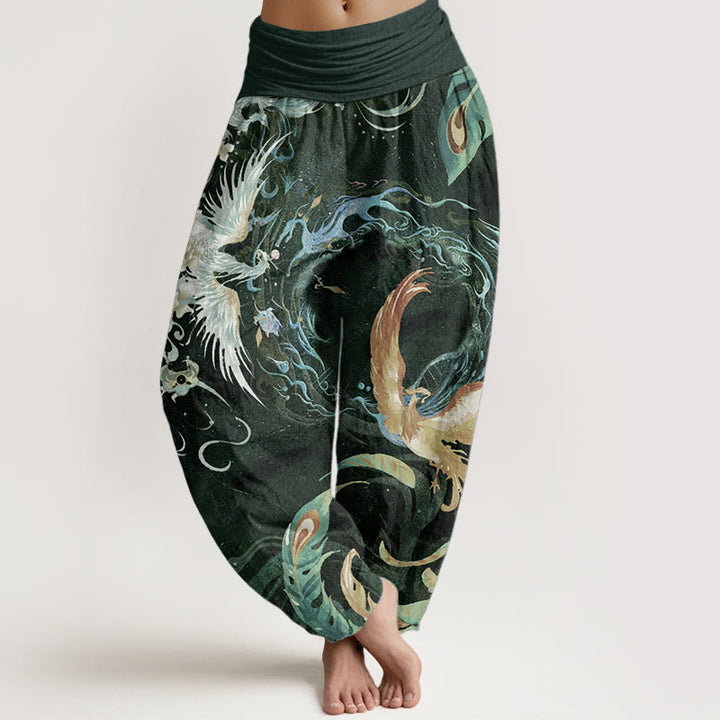 Pantalones Buddha Stones de algodón puro con estampado de flores de fénix y cintura elástica para mujer - Verde oscuro - US22，UK/AU26，EU54 (6XL) - image 5
