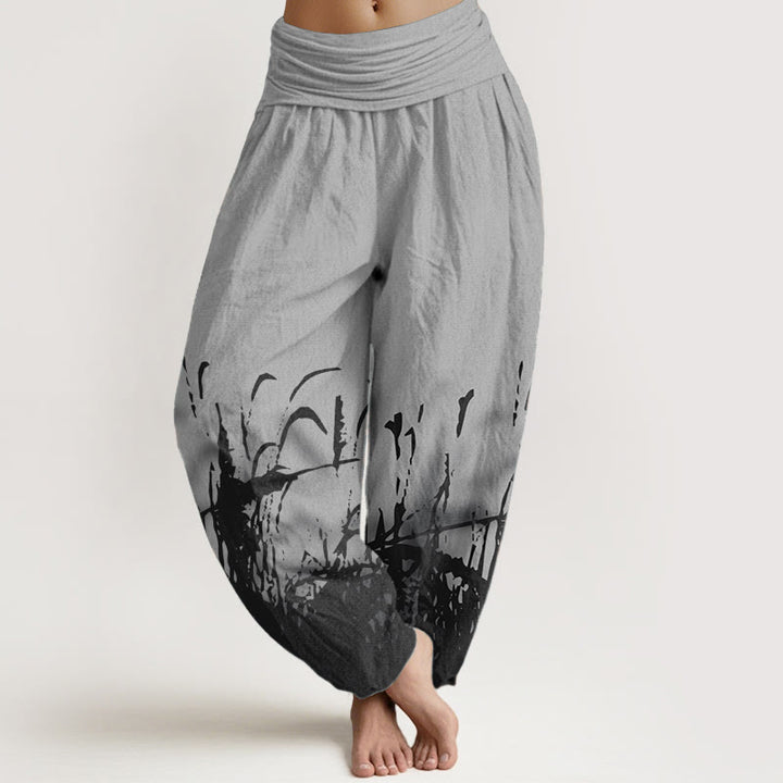 Pantalones harén de algodón puro con estampado de hierba silvestre y Buddha Stones para mujer, cintura elástica - Gris - US22，UK/AU26，EU54 (6XL) - image 0