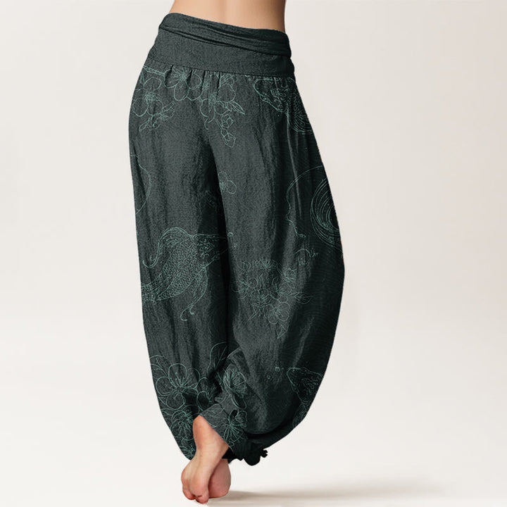 Pantalones harén de algodón puro con estampado floral de peces koi y Buddha Stones para mujer con cintura elástica - image 9