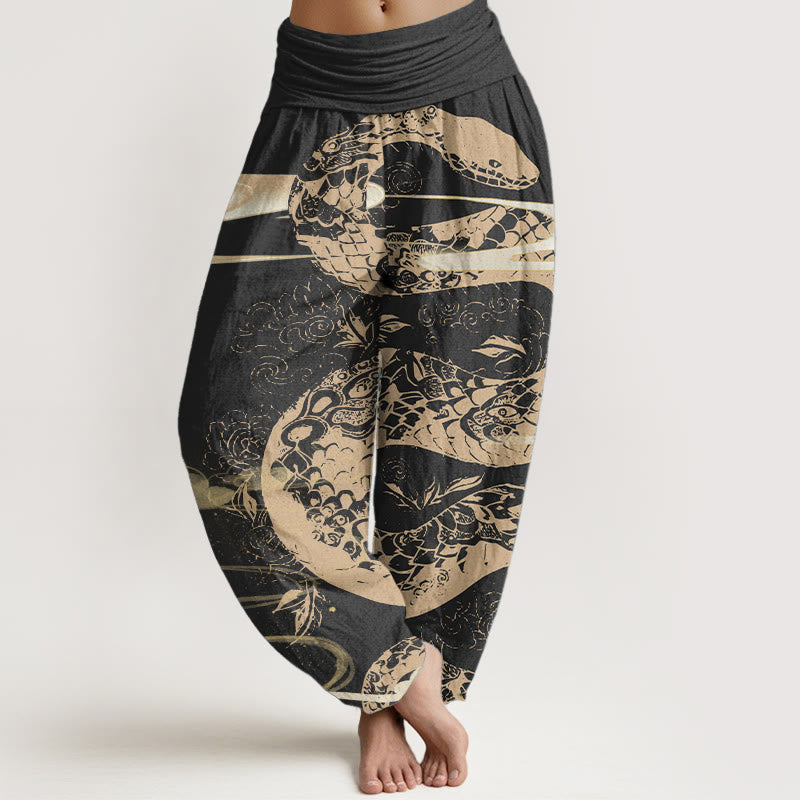 Pantalones Buddha Stones de algodón puro con diseño de nubes auspiciosas y estampado de serpiente para mujer, con cintura elástica - Negro - US22，UK/AU26，EU54 (6XL) - image 0