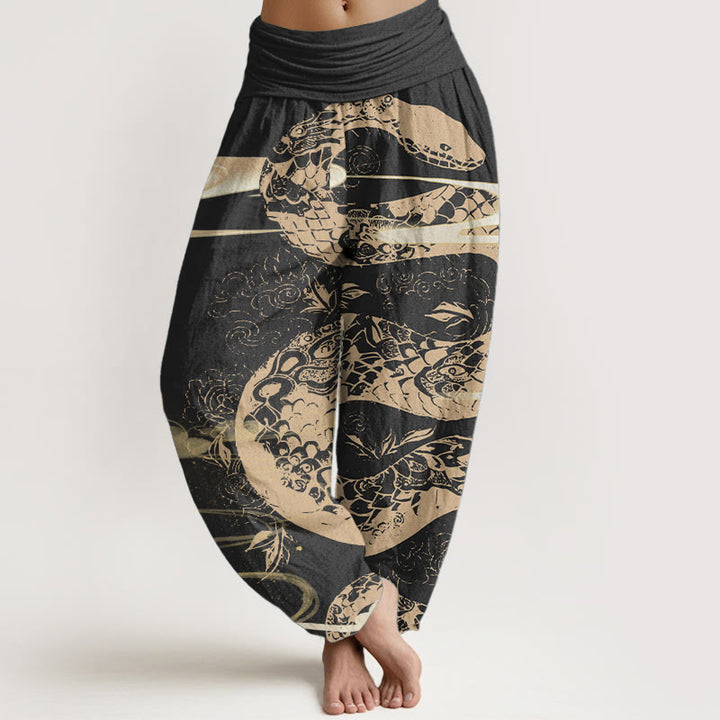 Pantalones Buddha Stones de algodón puro con diseño de nubes auspiciosas y estampado de serpiente para mujer, con cintura elástica - Negro - US22，UK/AU26，EU54 (6XL) - image 0