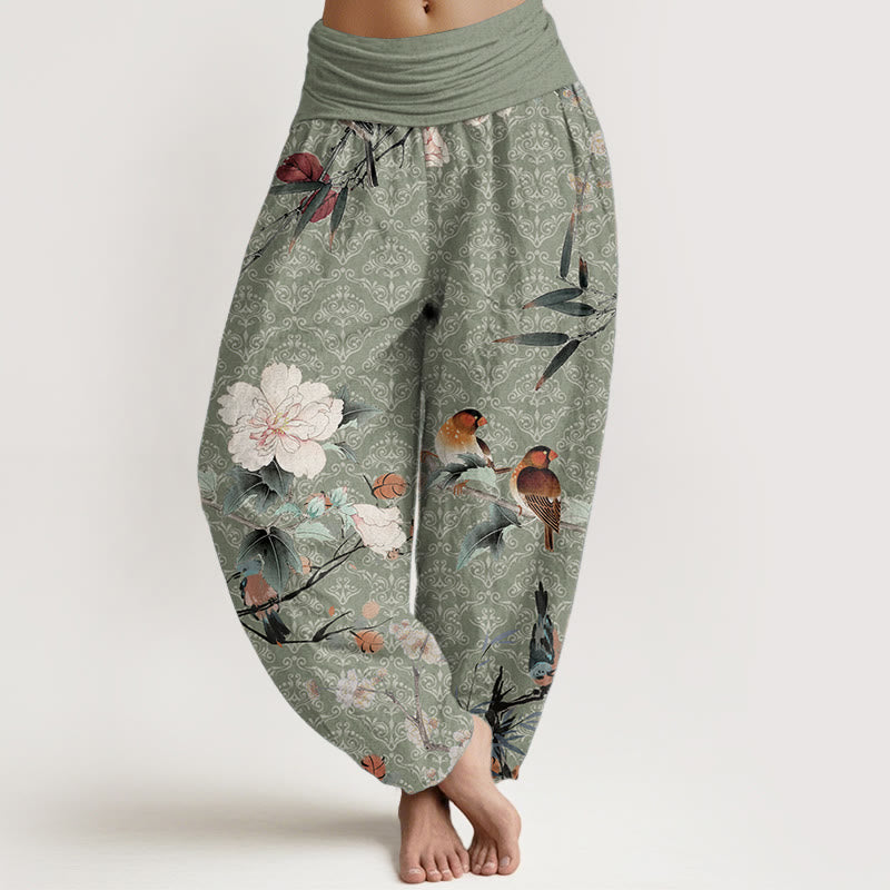 Pantalones harén de algodón puro con diseño de mandala, ramas de flores y pájaros currucas, con Buddha Stones y cintura elástica para mujer - Verde claro - US22，UK/AU26，EU54 (6XL) - image 0
